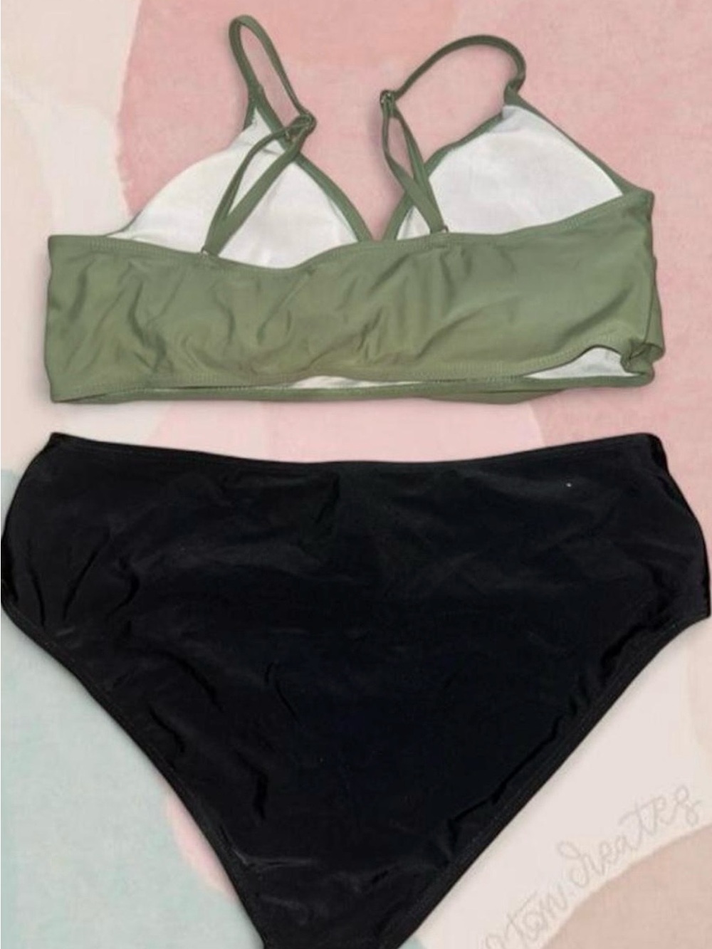 Source Unknown Olive Green Bralette Top with Black High-Waist Bikini Bottoms